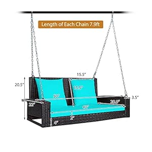 DORTALA Hanging Porch Swing 2 Person Outdoor Wicker Swing Chair Bench with Cushions 79Ft Steel Chains for Garden Backyard Deck Poolside Turquoise