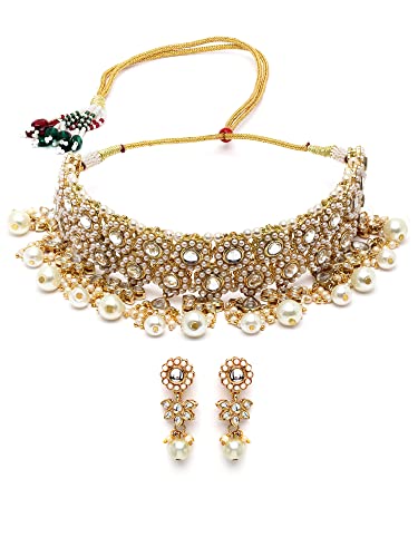 Image of Karatcart Gold Plated Pearl and Drop Kundan Studded Choker Necklace Setfor Women