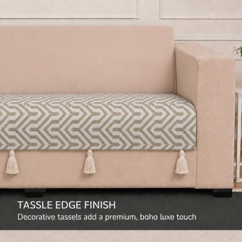 Image of STITCHNEST 'Nomad Weave Collection' 1 Seater Sofa Cover|Elegant Jacquard Fabric, Decorative Tassels, Washable & Durable for Modern Living67