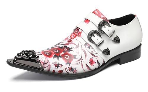 Santimon Mens Genuine Leather Loafers Casual Dress Slip On Shoes - Fashion Metal Pointed Toe Monk Loafer Western Mocasines for Party Disco Ballroom Prom Wedding