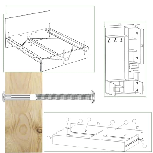 Pyroclasia 30 sztuk śrub meblowych M6, 65-76 mm, gwintowane i tulejowe, stali niklowanej, do szafek i mebli, krzyżakowe, głowica tarczy, klasa 5, metaliczny, 1 sztuk