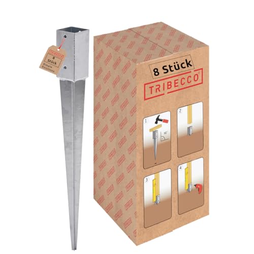 TRIBECCO Juego de 8 casquillos para suelo de impacto (71 x 71 mm, 750 mm, galvanizados en caliente, para postes de madera cuadrados, anclajes para vallas y postes de puertas (8, 71 x 71/750)
