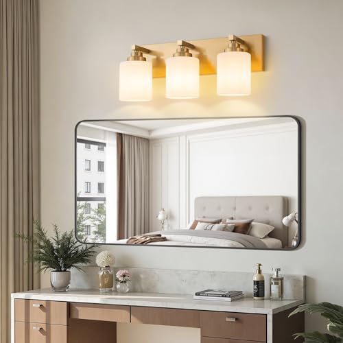 Image of Vanity Lights for Bathroom, 3-Light Brushed Gold Bathroom Vanity Light Over Mirror with Milky White Glass Shades, Modern Bathroom Light Fixtures for Living Room Hallway Cabinet (Bulbs Not Included)