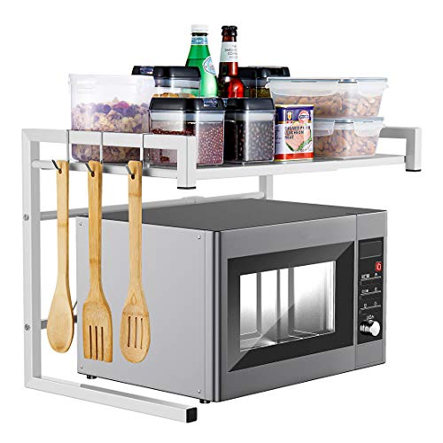 i BKGOO Estante Para Horno de Microondas de Metal Blanco Estante Expandible Suministros de cocina Almacenamiento de vajilla Olla Arrocera de acero al Carbono Encimera para 2 niveles con 3 Ganchos