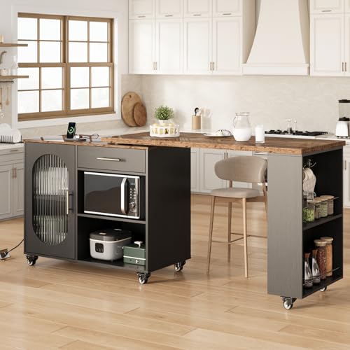 Image of HSH 71 inch Rolling Kitchen Island with Storage Seating on Wheels, Rustic Brown | Mobile Island Cart With 360 Swivel Tabletop, With Power Outlet, Storage Cabinet, Open Adjustable Shelves Fit In Microwave