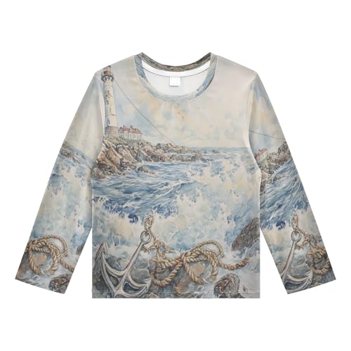 DOMIKING Lighthouse Anchor White Boys Long Sleeve Rashguard Shirt Kids Quick Dry Swim Shirt for Kids Toddler 11-12T
