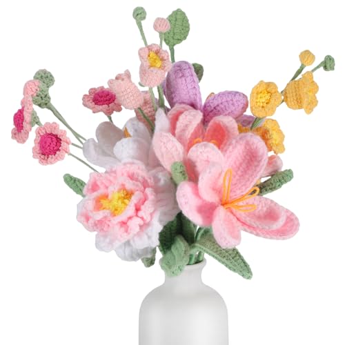 Breling Handmade Crochet Flower Bouquet Knitted Tulip Bouquet Crochet Lily