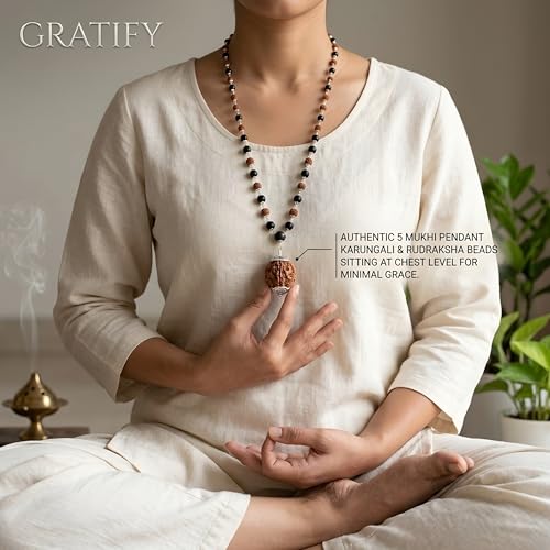 Image of Gratify Karungali Wood & Rudraksha Mala | 54 Natural Ebony Beads with 5 Mukhi Rudraksha Pendant | Silver Capped Spiritual Prayer Mala for Protection, Positivity & Meditation