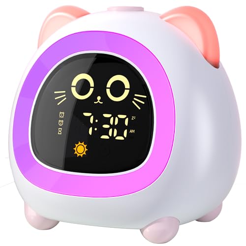 ANALOI Alarm Clock for Kids, Ok to Wake Clock for Kids with Eye Protection Sleep Training Auto Off Feature 10 Night Light Dual Alarm for Bedroom, Kids Alarm Clock Pink Cat Gifts for Girls