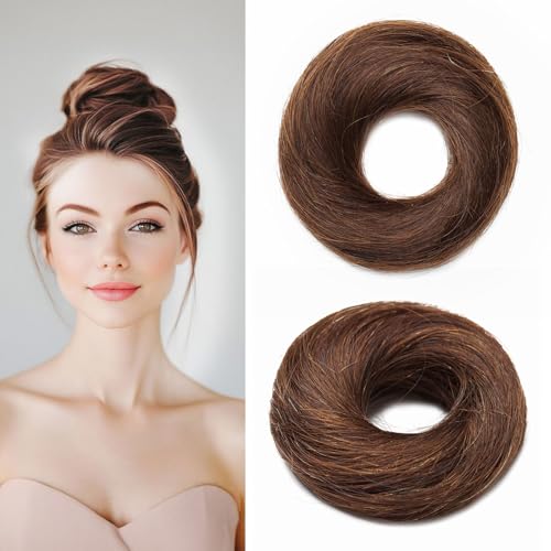 MY-LADY Real Hair Scrunchies for Women Human Hair Accessories #4 Medium Brown Straight Neat Bun Extensions Elastic Hairpiece Donut Chignons 17g