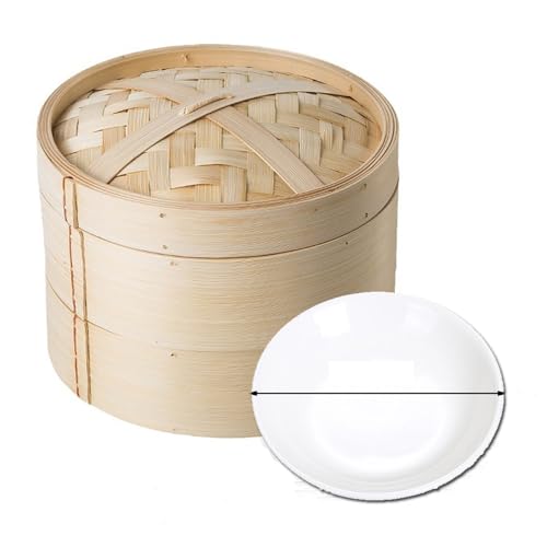 Bamboo Steamer 15CM, Two-Tier Food Steamer Basket/Dim Sum Steamer, Includes Bamboo Lid, 2 x Bamboo Basket, 12cm plate, for Buns, Dumplings, Vegetables