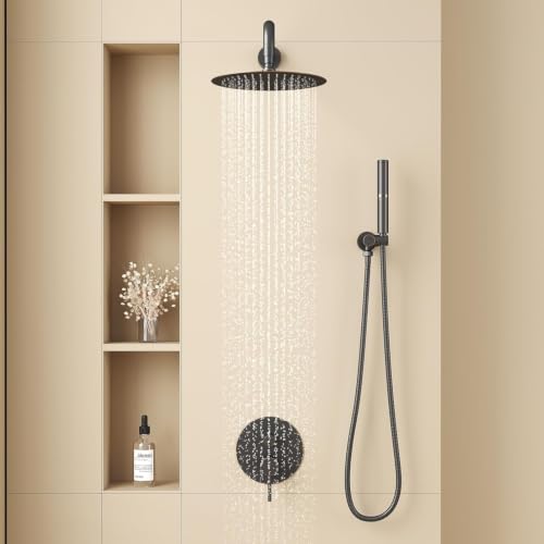 Image of BESy Shower System with 10 Inch Round Rain Shower Head and Handheld Wall Mounted, High Pressure Rainfall Heads Shower Faucet Fixture Combo Set with 2 in 1 Spray Showerhead for Bathroom, Bronze