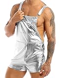 Yanarno Fashion Men's Shiny Leather Metallic Ripped Jeans Jumpsuits Bib Overalls Suspender Shorts Silver X-Large