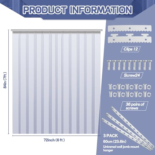 Image of Juexica 72 x 84 Inch PVC Strip Door Curtain Kit, Heavy Duty Waterproof Clear Door Curtain for Walk-in Cooler, Freezer, Warehouse & Garage, Hurricane Shutters, Energy Saving and Easy Install(Clear)