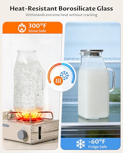 2-Pack 68oz Square Glass Water Pitcher with Lid – Borosilicate Carafes with Handle and Filter Lid for Hot & Cold Beverages, Iced Tea, Coffee, and Fridge Door Use