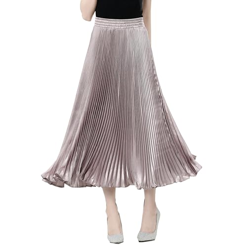 Women's Satin Metallic Elastic Waist Midi Skirt Flowy Accordion A Line Long Skirt3