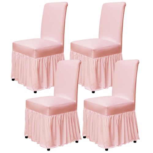 molasofa Chair Covers for Dining Room Set of 4 Stretch Chair Slipcovers with Skirt for Kitchen Seat Protectors Wedding Banquet Decor Kids Pets Spandex Fabric Washable (4pcs, Pink)