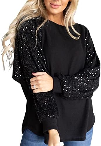 Women Elegant Glitter Sequin Crew Neck Tunic T-Shirt Loose Long Sleeve Blouse Top Black L