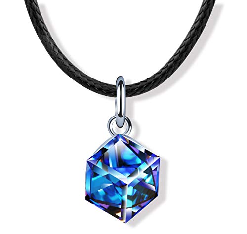 MicLee Collier pendentif de femme fille, collier en argent 925, Pendentif collier cube de cristal, ras du cou, avec cordon en cuir noir, cristal incrusté,...