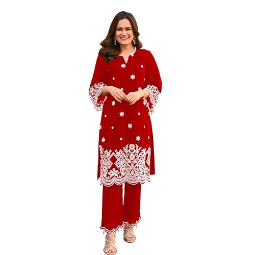 Image of BHARVITA Women's Cotton Lucknowi Embroidered Chikankari Work Straight Kurta with Pant Set for Every Occasion
