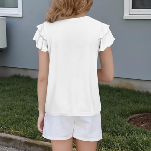 Girls Tshirts Ruffles Short Sleeve Plain Pleated Crew Neck T Shirts Tops Teen Kids Loose Fit School Casual Tees2