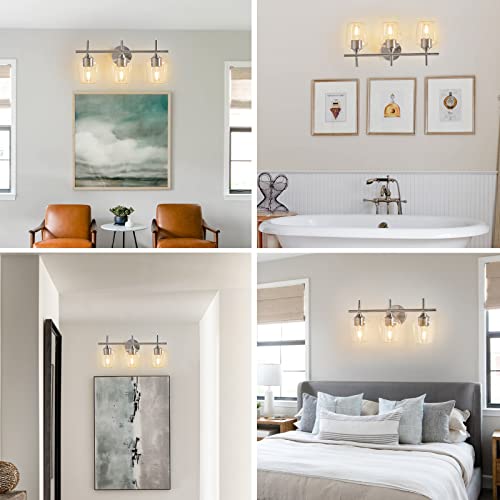 Image of foucasal Bathroom Lights 3 Light, Modern Bathroom Vanity Light Fixtures Over Mirror with Clear Glass Shade, Wall Sconce Lamp for Bedroom Hallway Living Room Kitchen, Nickel Brushed Finish