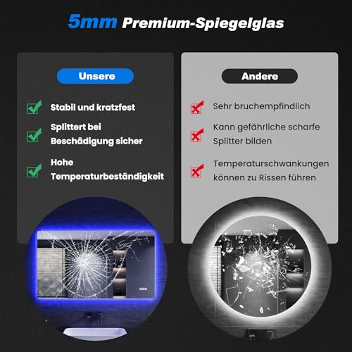 SONNI Lustro łazienkowe z oświetleniem LED, 120 x 70 cm, z Bluetooth i przełącznikiem dotykowym, możliwość ściemniania, bez zaparowania, 3 regulowane kolory światła, gniazdko elektryczne