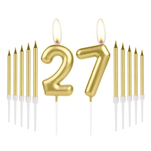 iNINGER Gold 27th Birthday Number Candles - Long Stick Candles for Cake Toppers, Party & Wedding Decorations