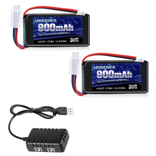 Image of SCX24 Battery 7.4V Lipos 2S 30C(Burst 60C) 900mAh Rechargeable Lithium Battery with PH2.0 Plug Compatible with Most 1 /10, 1 /16, 1 /18, 1 /24 Scale RC Cars Trucks with 1TO2 USB Charger