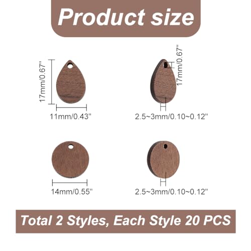 AHANDMAKER 40 Stück Anhänger Tabletts Flache Ohrringanhänger Aus Walnussholz 2 Stile Tropfen Und Runder Anhänger Sattelbraune Holzohrring Anhänger für Ohrring Halskette Choker Schmuck machen