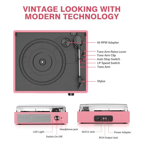 Image of Vinyl Record Player with 2 Stereo Speakers Belt-Driven Vintage Turntables 3 Speed 3 Size Wireless Bluetooth Playback AUX-in RCA Out Headphone LP Vinyl Players Auto Stop Dusty Rose