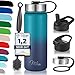 Produktbild Milu Edelstahl Trinkflasche 500ml, 750ml, 1000ml (+3 Deckel) - Thermosflasche mit Strohhalm, Isolierte Wasserflasche, Auslaufsichere Isolierflasche doppelwandig, Kohlensäure geeignet (Grün Blau, 0,5L)