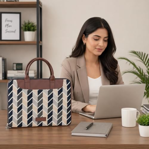 Image of Tabelito Designer Printed Laptop Sleeve for Women (13-15.6 Inch) | Jute & Vegan Leather Office Handbag | Lightweight Stylish Work Bag with Handle