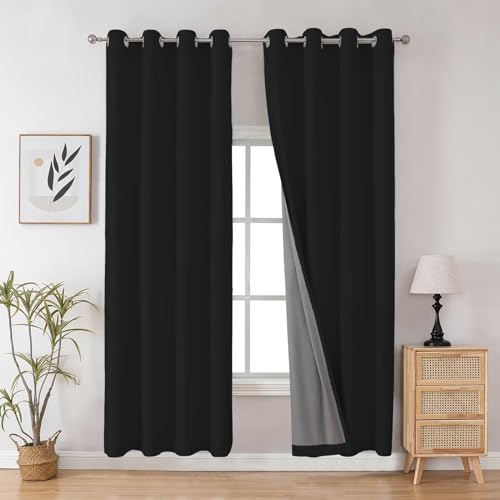 Image of Joydeco Black 90 Inch Curtains, 2 Panels Set, Blackout, Grommet, Modern Style, Black, 52 inchW x 90 inchL, Living Room & Bedroom