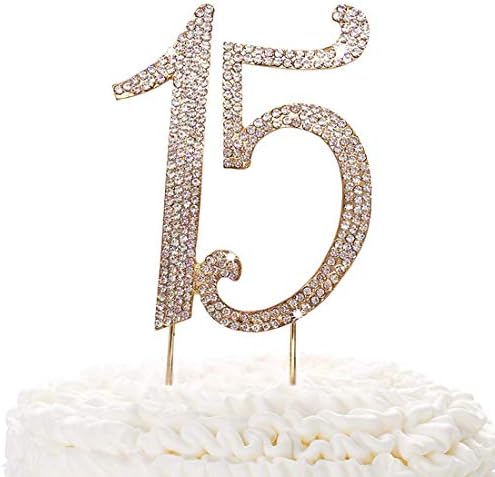 15 Gold Cake Topper | Premium Sparkly Crystal Rhinestones | 15th Birthday or Anniversary Party Decoration Ideas | Quality Metal Alloy | Perfect Keepsake Fifteen