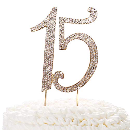 15 Gold Cake Topper | Premium Sparkly Crystal Rhinestones | 15Th Birthday Or Anniversary Party Decoration Ideas | Quality Metal Alloy | Perfect Keepsake Fifteen #TOP3