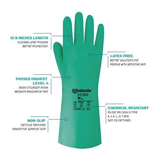 Andanda Chemical Resistant Rubber Gloves, Anti-Slip Textured Design, Reusable12.8 Cleaning Gloves, Acid, Alkali And Oil Resistant, Green/Large (1 Pair) #TOP1