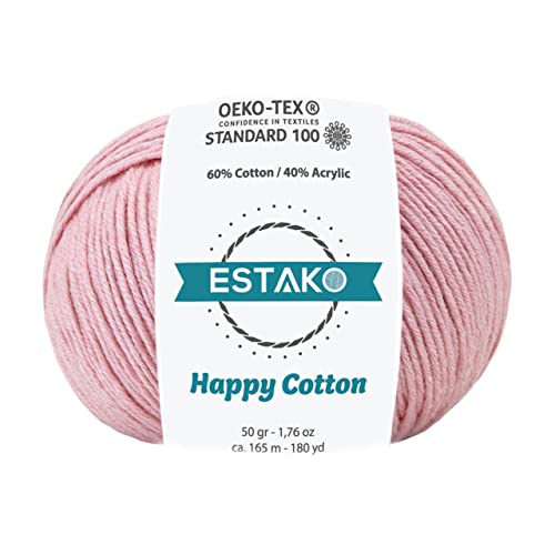 Estako Happy Cotton 60% Cotton 40% Acrylic Yarn, Sport Weight 2, Baby Pink