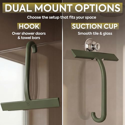 Image of GUTEWERK Shower Squeegee for Glass Doors - Bathroom Squeegee for Shower Glass & Tile Walls, Streak-Free & No-Squeak Silicone Blade, Stainless Steel Core, Hang Hook + Suction Cup, Green, 10 Inch