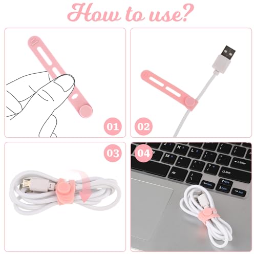 Molain Herbruikbare kabelbinders, 20 stuks verstelbare siliconen kabelriemen, draadorganizer voor oplaadkabels, oortelefoon, computer, bureau, kabelbeheer, reisaccessoires (geel+roze+paars+groen) - Afbeelding 6