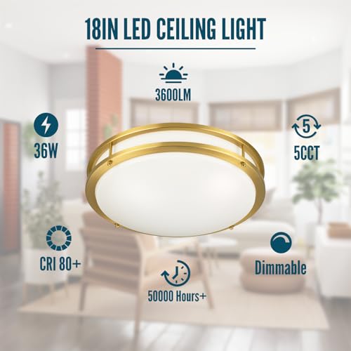 Wheatronic 18 inch Ceiling Light Fixture Flush Mount Gold, 36W Large Living Room Ceiling Light LED, Dimmable Kitchen Lighting Fixture for Bedroom, Bathroom, Living Room by Wheatronic - Used condition - Image 2