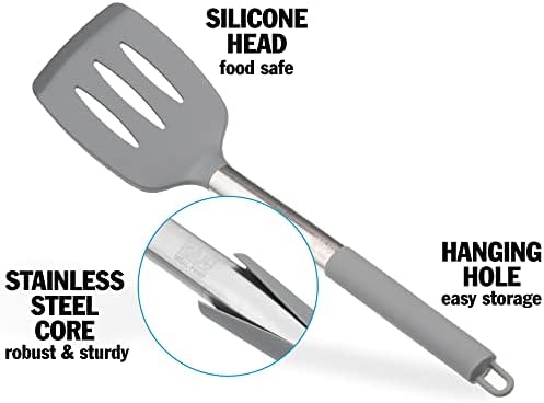 Igluu Meal Prep Grey Silicone Slotted Turner Spatula Heat Resistant Non-Stick Soft Grip, Stainless Steel