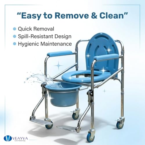 Image of Veayva Heavy-Duty Commode Chair with Wheels, Footrest & Adjustable Seat - Portable Toilet Chair for Elderly, Disabled, and Patient Care
