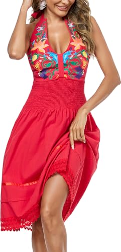 Image of Womens Mexican Floral Embroidered Halter Maxi Dress Side Slit Boho Dress