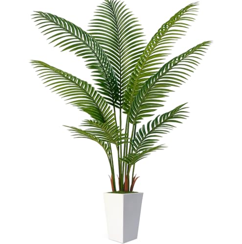 7FT Artificial Palm Tree Tall Artificial Tree Plants with Fake Plants Large Faux Plants Indoor with Lifelike Leaves for Outdoor Indoor Home Office Living Room Decor (White)