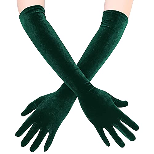 HugeDE Long Velvet Opera Gloves - Stretchy Elbow Length Evening & Wedding Gloves for Women - Dark Green