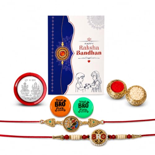 Image of Oblivion Rakhi with Magnet for Brother - Multi Design Round Shape Rakhi 2 Pcs with Fridge Magnet 2 Pcs, Silver Color Coin, Greeting Card & Tilak Set - Raksha Bandhan Combo (K2 1738+1104 B4676(Q2))