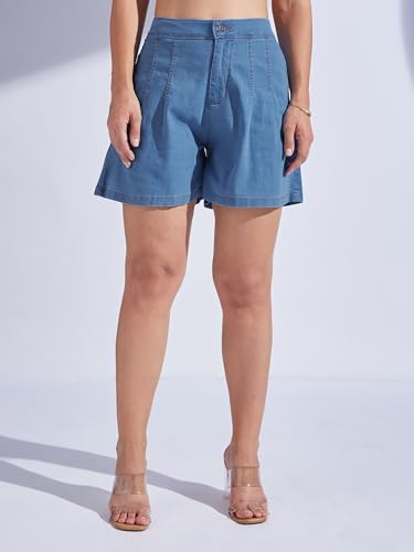 Image of Miss Chase Women's White Regular High Rise Clean Look Regular Stretchable Denim Shorts
