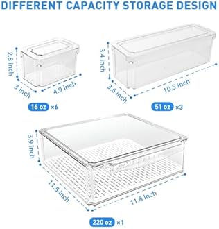 Pomeat 10 Pack Fridge Organizer, Stackable Refrigerator Bins with Lids, BPA-Free Produce Fruit Storage Containers for Fridge, Clear for Food, Drinks, Vegetable