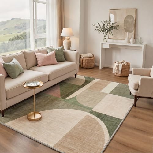 Image of BEIMO Area Rugs 5x7 for Living Room Bedroom, Geometric Blocks Print Pattern Modern Abstract Machine Washable Rug, Large Soft Low Pile Floor Carpet with Non Slip Backing for Dining Room, Sage Beige
